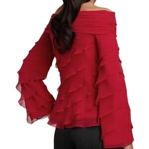 Tadashi Shoji 100% Silk Blouse Off Shoulder Ruffle Tiered Purple 16 NWT